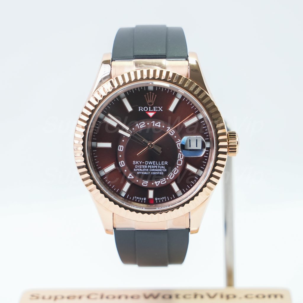 Rolex-Sky-Dweller-Coffee-Dial-Rose-Gold-Case-Rubber-Strap-42mm Replica Watches - 1-252-scaled