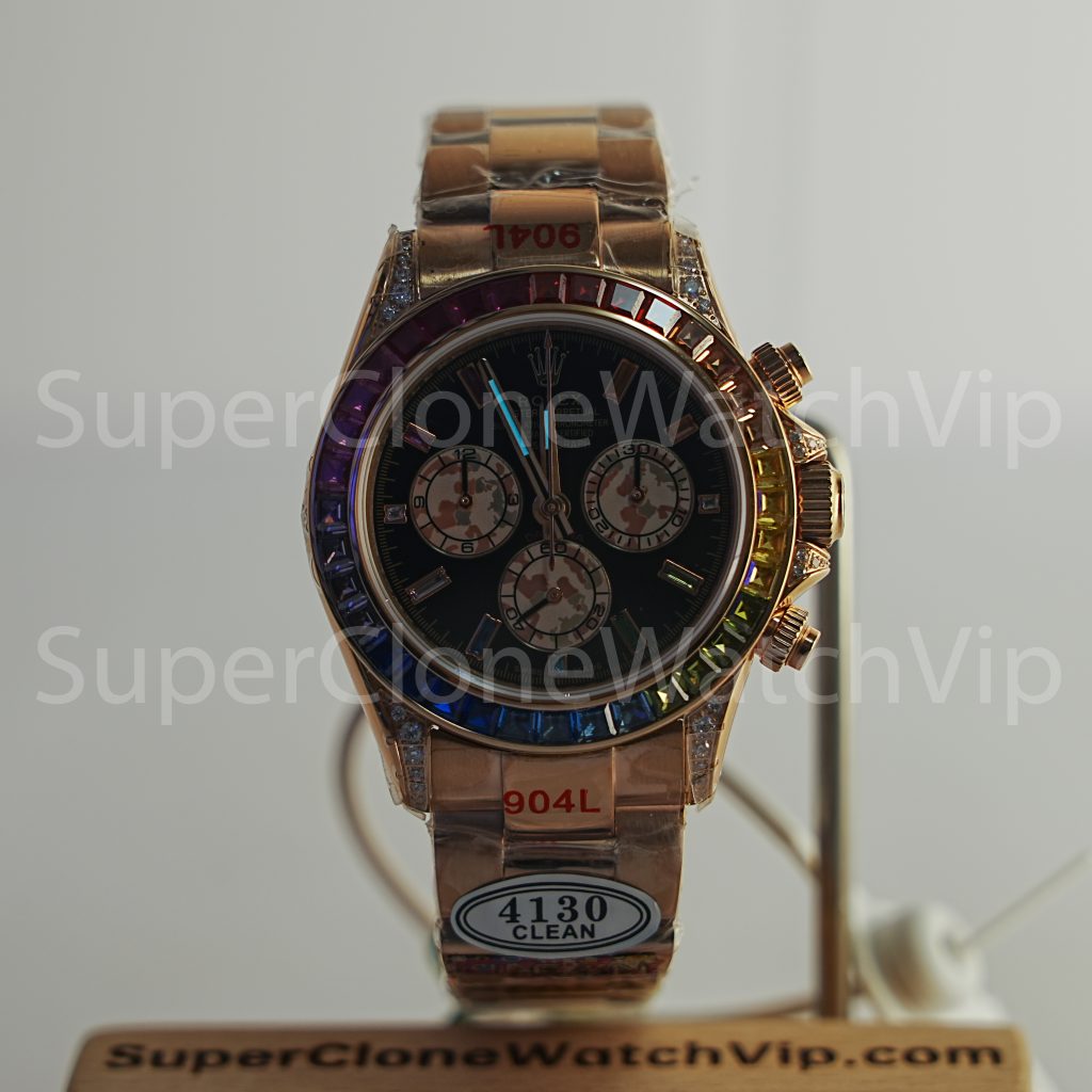 Rolex-116595RBOW-Daytona-Rainbow-Dial-Moissanite-Bezel-Everose-Gold-4130-40mm Replica Watches - 2-329-scaled