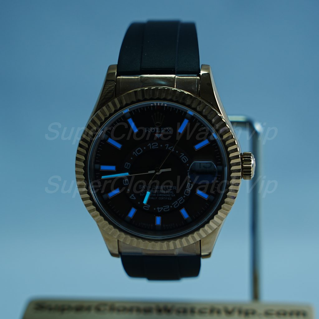 Rolex-Sky-Dweller-Coffee-Dial-Rose-Gold-Case-Rubber-Strap-42mm Replica Watches - 2-413-scaled