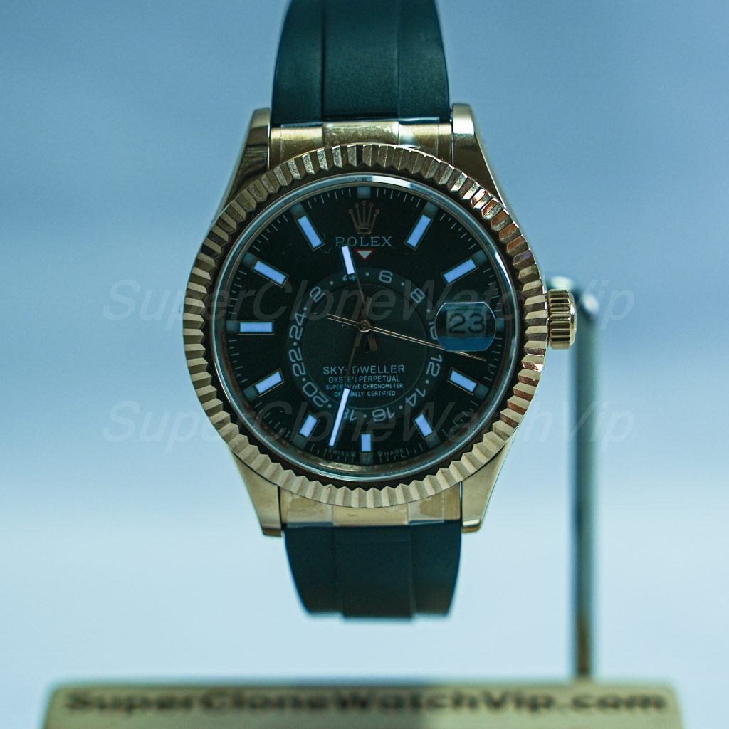 Rolex-Sky-Dweller-Dark-Rhodium-Dial-Rose-Gold-Case-Rubber-Strap-42mm Replica Watches - 2-414-scaled
