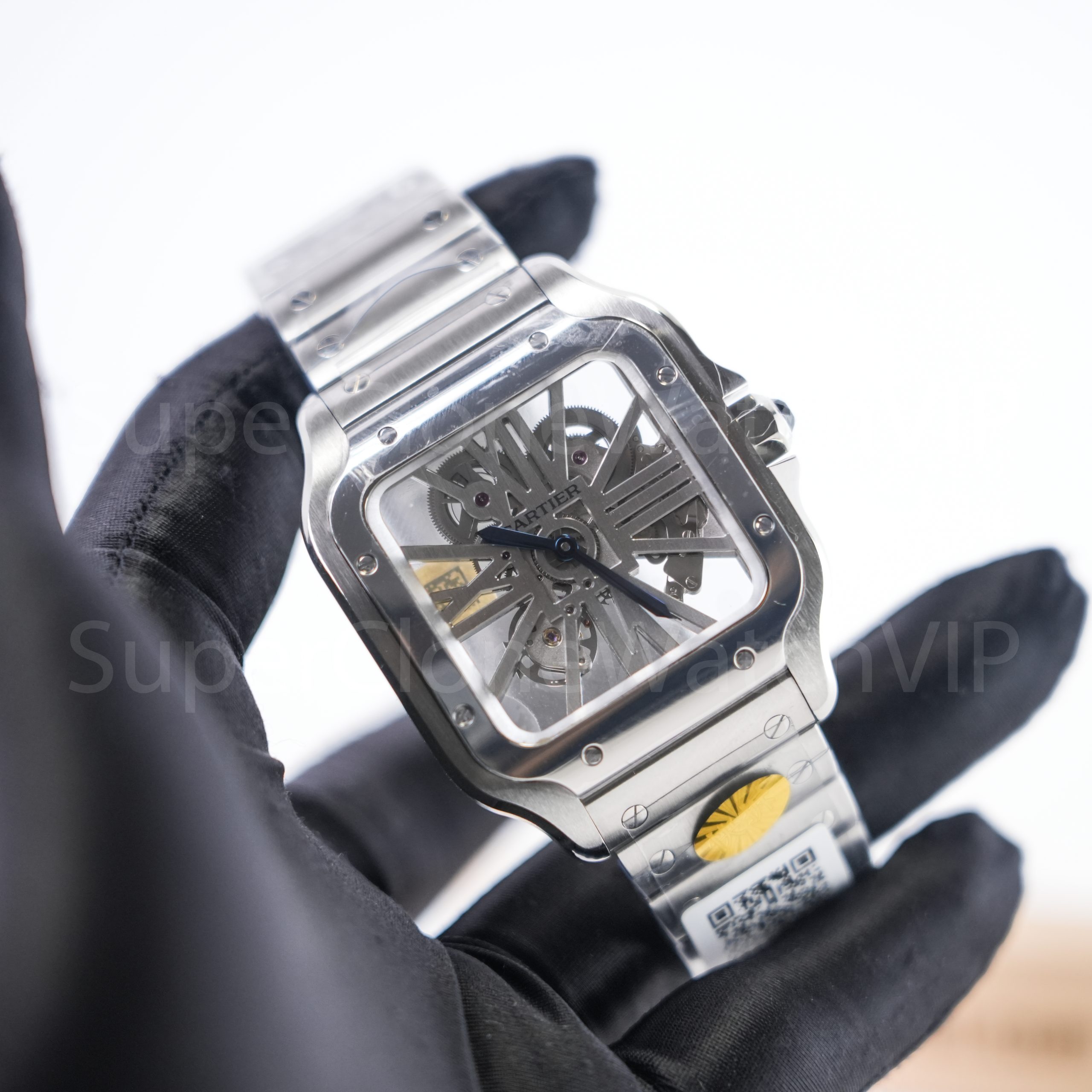 Cartier Santos skeleton replica watch visible dial and bezel screw QC comparison