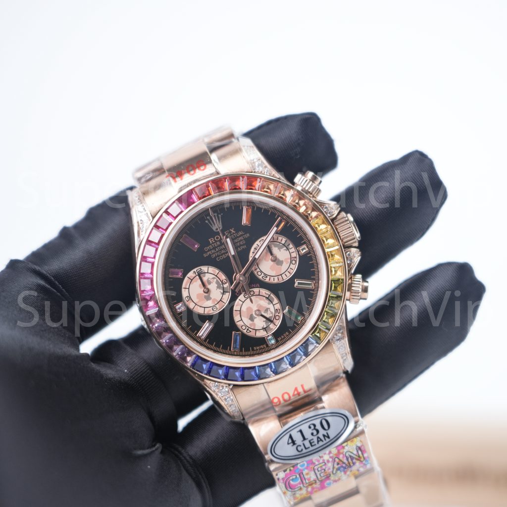 Rolex-116595RBOW-Daytona-Rainbow-Dial-Moissanite-Bezel-Everose-Gold-4130-40mm Replica Watches - 3-331-scaled
