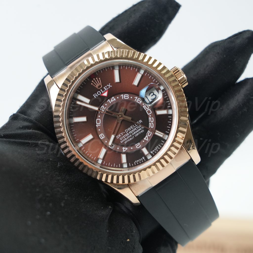 Rolex-Sky-Dweller-Coffee-Dial-Rose-Gold-Case-Rubber-Strap-42mm Replica Watches - 3-415-scaled