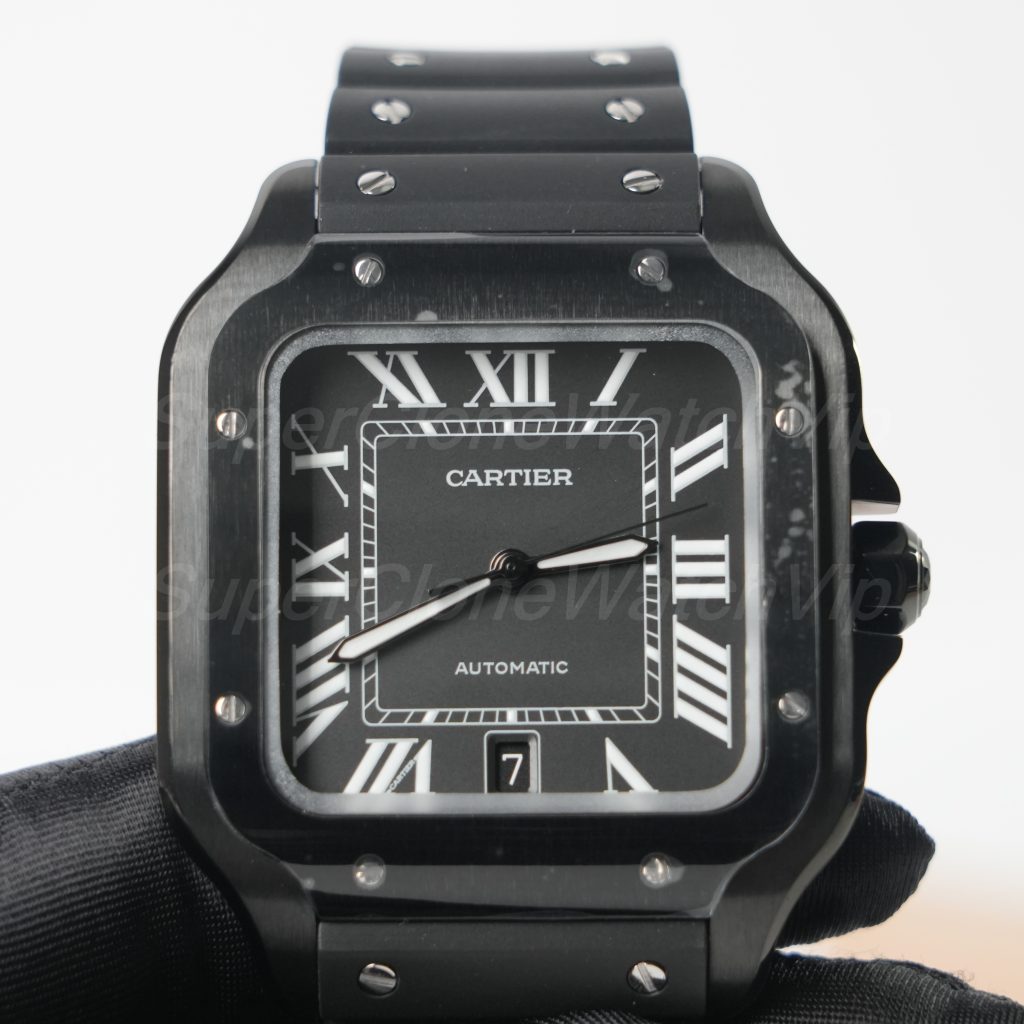 Cartier-Santos-WSSA0037-Black-Dial-Black-Bezel-Rubber-Strap-39.8mm Replica Watches - 4-403-scaled
