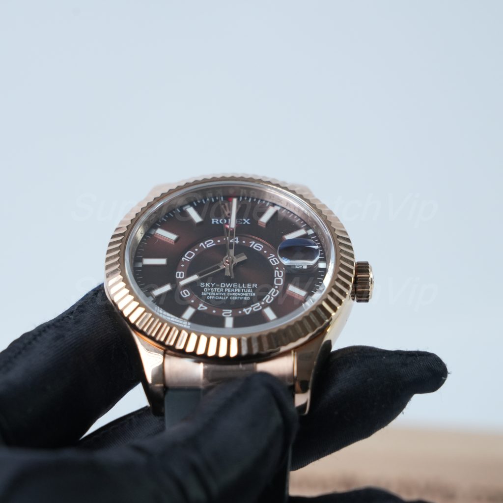 Rolex-Sky-Dweller-Coffee-Dial-Rose-Gold-Case-Rubber-Strap-42mm Replica Watches - 4-414-scaled
