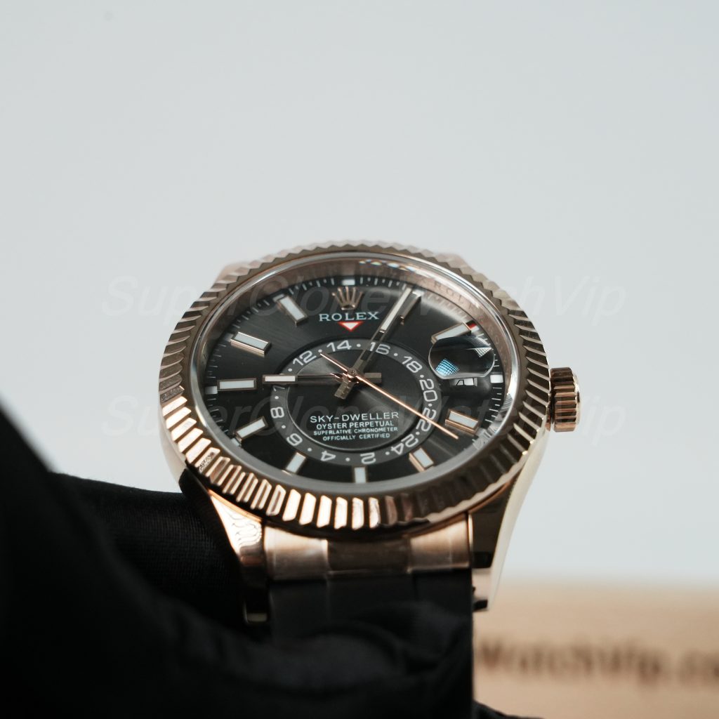 Rolex-Sky-Dweller-Dark-Rhodium-Dial-Rose-Gold-Case-Rubber-Strap-42mm Replica Watches - 4-415-scaled