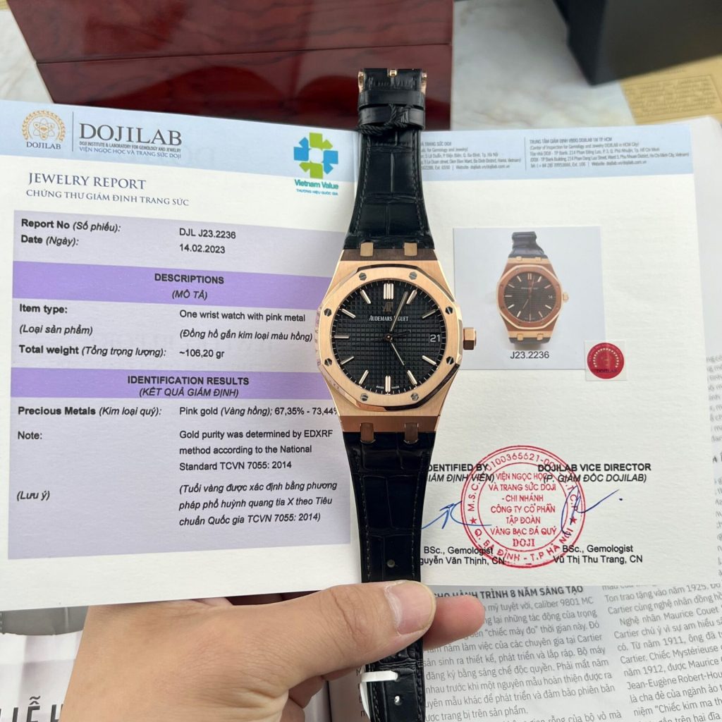 Dong Ho Audemars Piguet Royal Oak 15500OR Boc Vang Hong Day Da Den 41mm 2