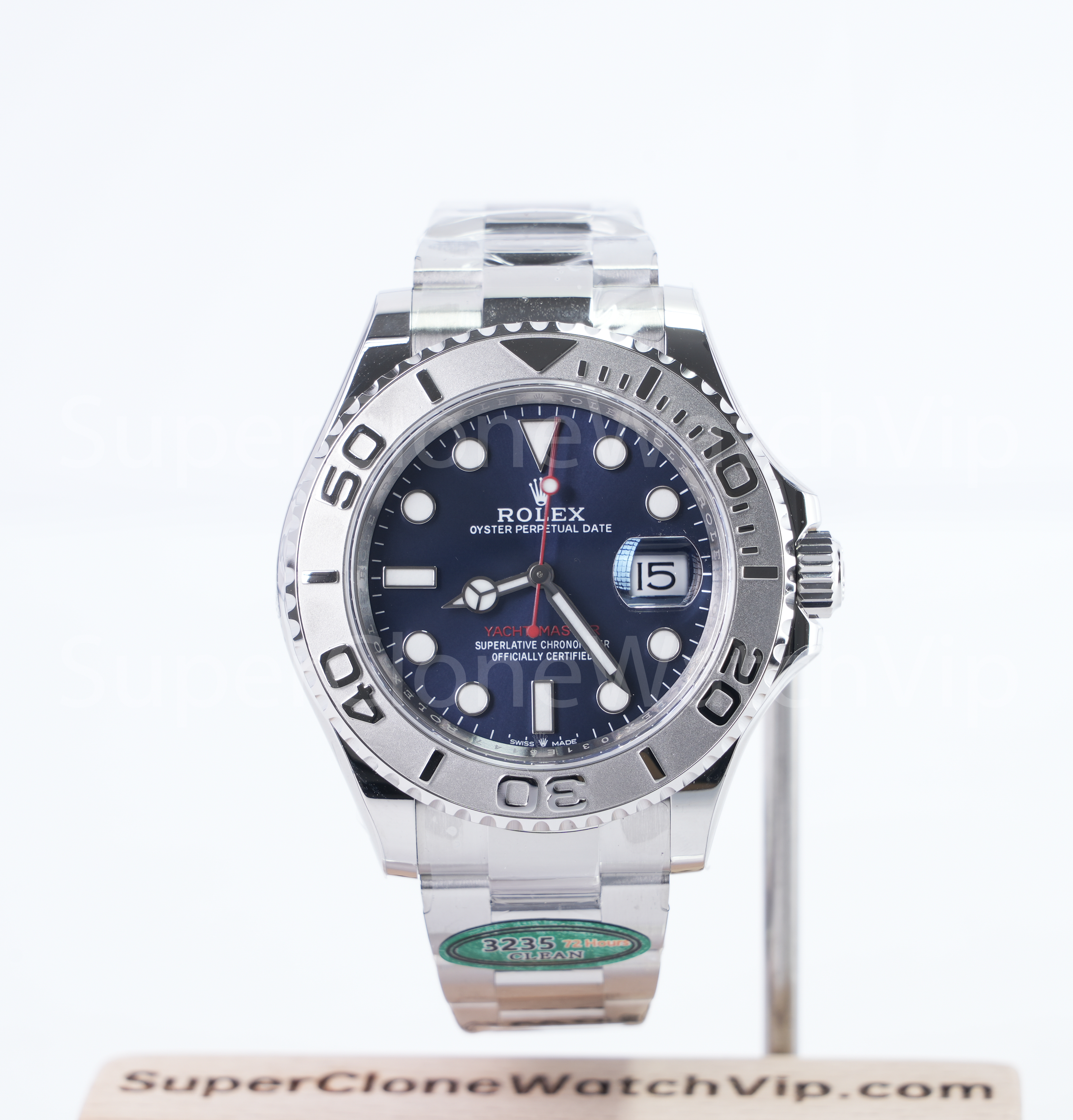 Yacht-Master blue dial QC example for bezel date and bracelet checks