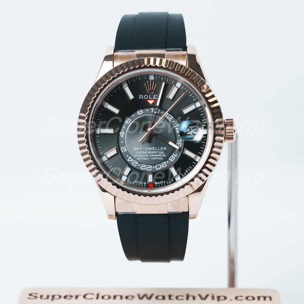 Rolex Sky Dweller Dark Rhodium Dial Rose Gold Case Rubber Strap 42mm 11 Super Clone Watches