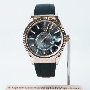 Rolex Sky Dweller Dark Rhodium Dial Rose Gold Case Rubber Strap 42mm 11 Super Clone Watches