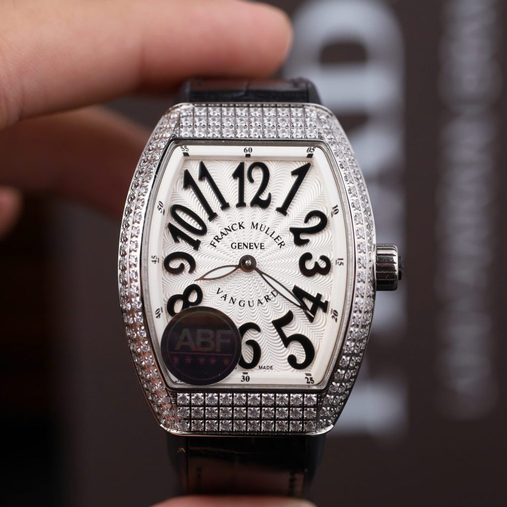 Franck Muller Vanguard V32 Steel Model Custom Diamond Bezel White Guilloché Dial Black Leather Strap 36mm Replica Watches - 1-192