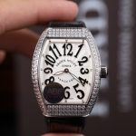 Franck Muller Vanguard V32 Steel Model Custom Diamond Bezel White Guilloché Dial Black Leather Strap 36mm Replica Watches - 1-192