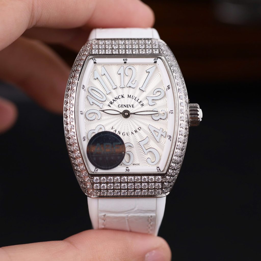 Franck Muller Vanguard V32 Steel Model Custom Diamond Bezel White Guilloché Dial White Leather Strap 36mm Replica Watches - 1-193