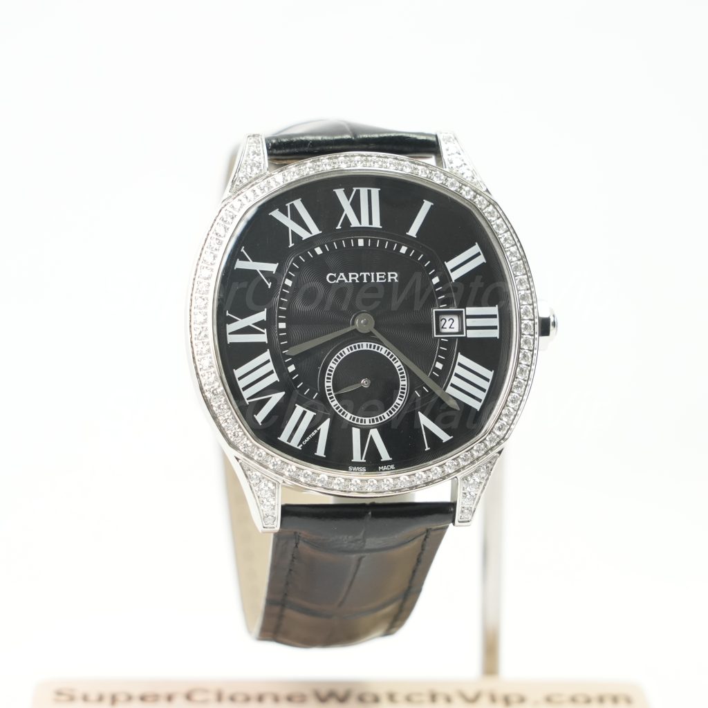 Cartier Drive de Cartier Steel Model Diamond Bezel Black Dial Black Alligator Leather Strap 40mm Replica Watches - 1-211-scaled