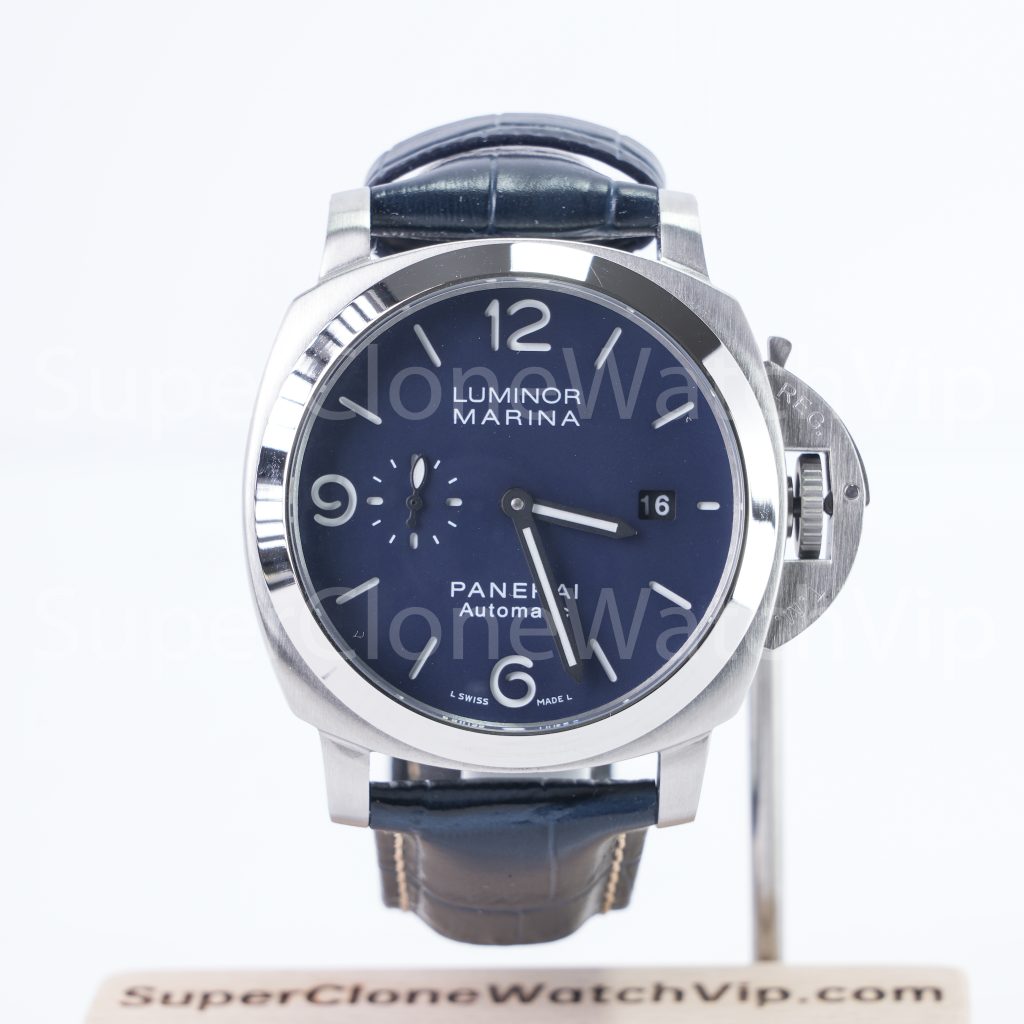 Panerai Luminor Marina PAM01313 Steel Blue Sunray Dial Polished Bezel Dark Blue Alligator Leather Strap 44mm Replica Watches - 1-240-scaled