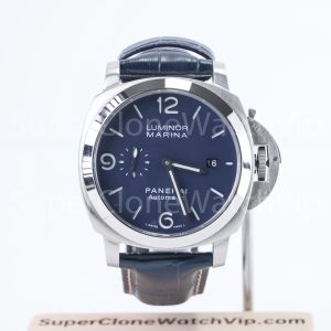 Panerai Luminor Marina PAM01313 Steel Blue Sunray Dial Polished Bezel Dark Blue Alligator Leather Strap 44mm Replica Watches - 1-240-scaled