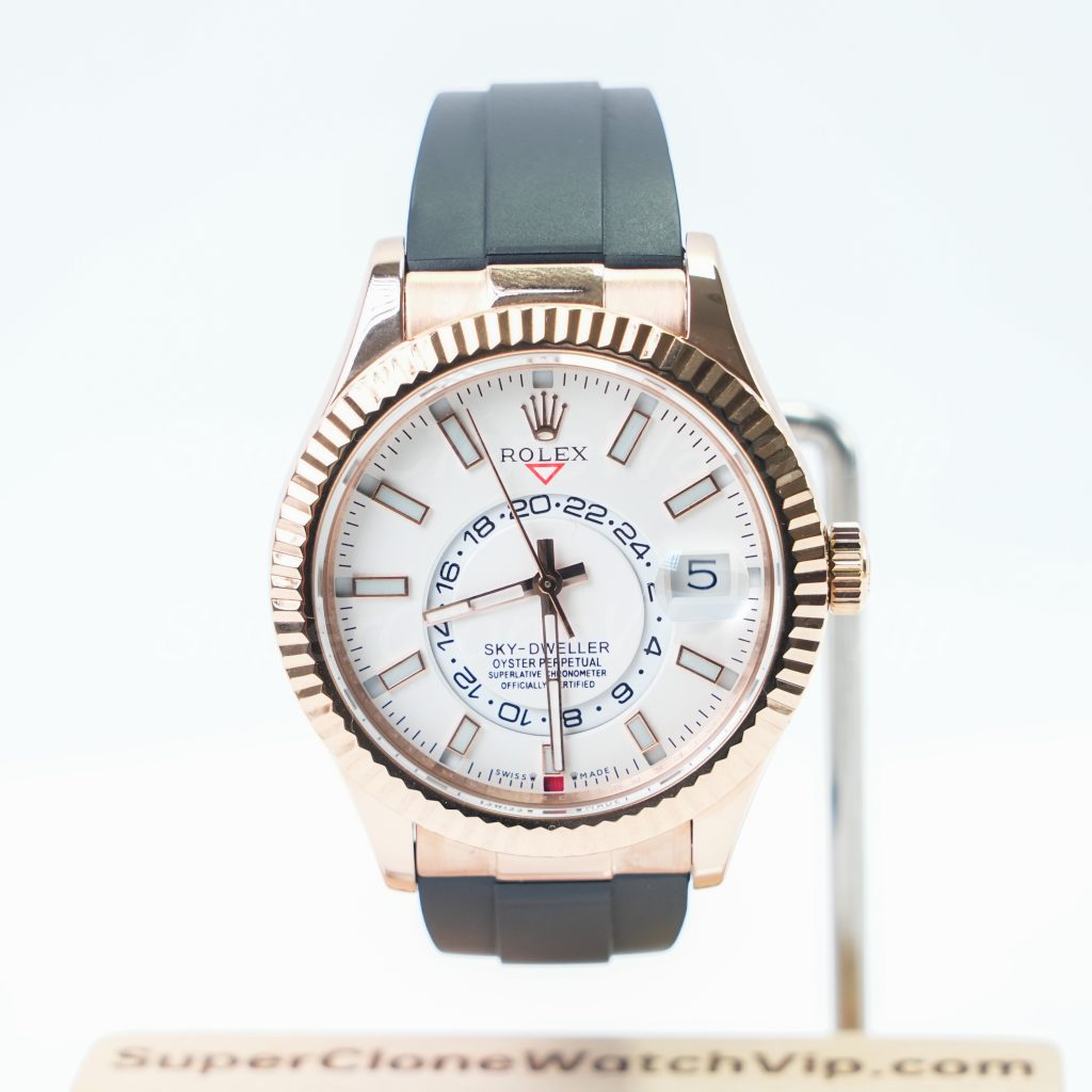 Rolex-Sky-Dweller-336235-White-Dial-Rose-Gold-Rubber-Strap-42mm Super Clone Watches Replica Watches - 1-255-scaled