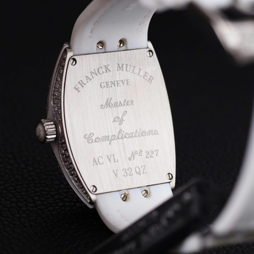 Franck Muller Vanguard V32 Steel Model Custom Diamond Bezel White Guilloché Dial White Leather Strap 36mm Replica Watches - 10-128