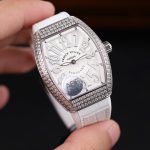Franck Muller Vanguard V32 Steel Model Custom Diamond Bezel White Guilloché Dial White Leather Strap 36mm Replica Watches - 2-201