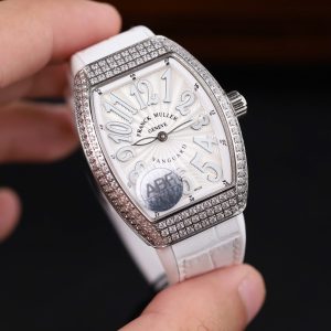 Franck Muller Vanguard V32 Steel Model Custom Diamond Bezel White Guilloché Dial White Leather Strap 36mm Replica Watches - 2-201