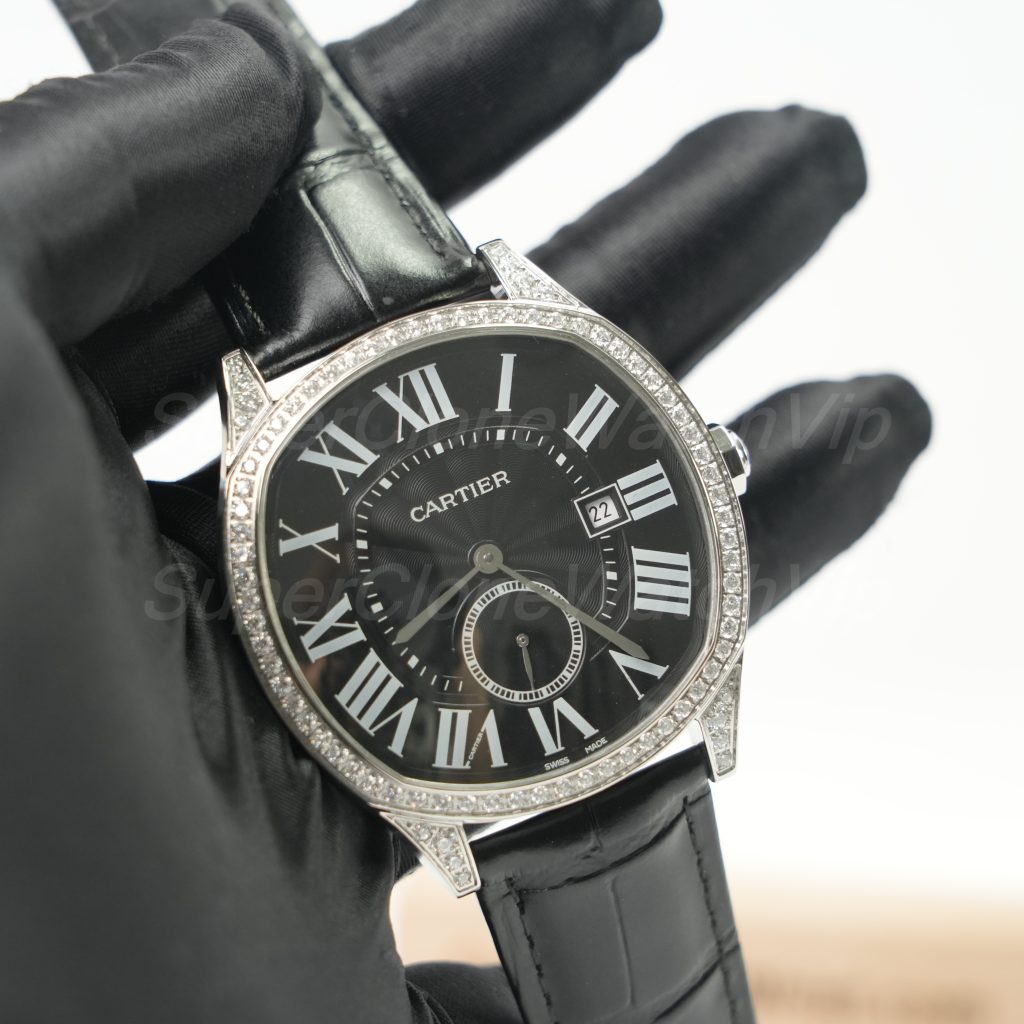 Cartier Drive de Cartier Steel Model Diamond Bezel Black Dial Black Alligator Leather Strap 40mm Replica Watches - 2-219-scaled