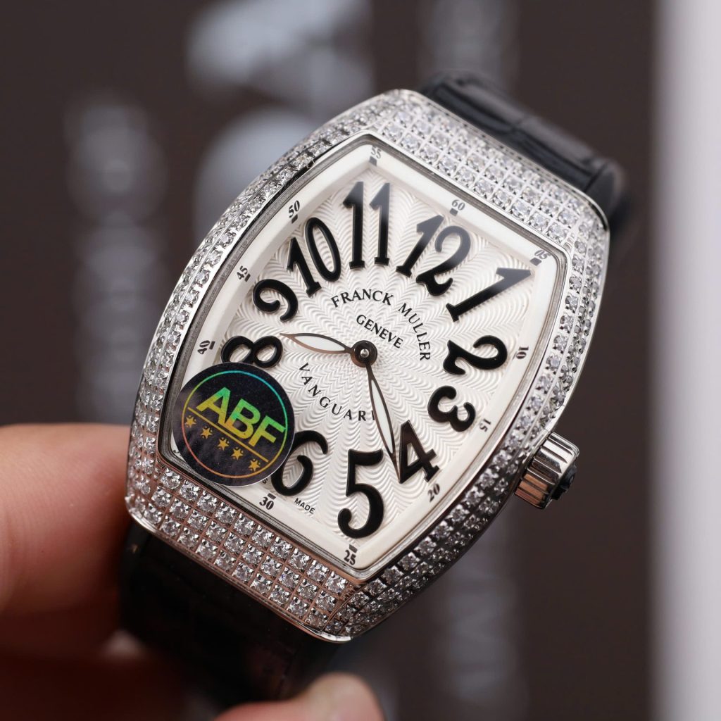 Franck Muller Vanguard V32 Steel Model Custom Diamond Bezel White Guilloché Dial Black Leather Strap 36mm Replica Watches - 3-200