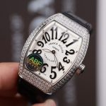 Franck Muller Vanguard V32 Steel Model Custom Diamond Bezel White Guilloché Dial Black Leather Strap 36mm Replica Watches - 3-200