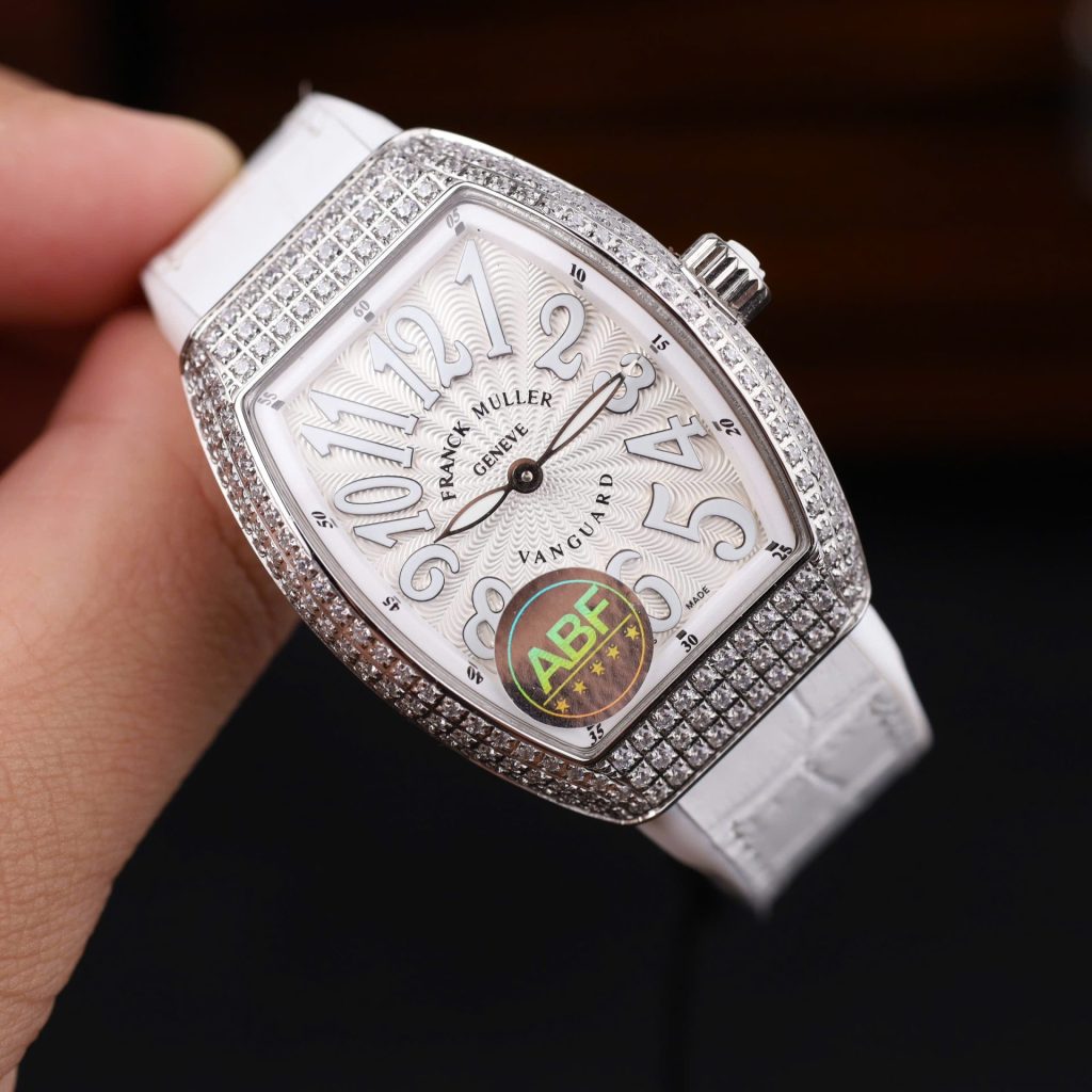 Franck Muller Vanguard V32 Steel Model Custom Diamond Bezel White Guilloché Dial White Leather Strap 36mm Replica Watches - 3-201
