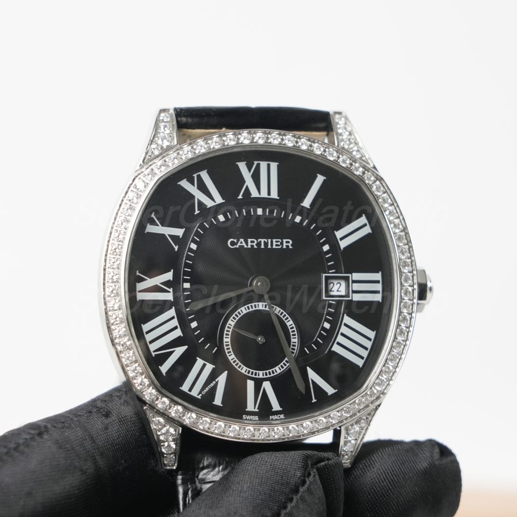 Cartier Drive de Cartier Steel Model Diamond Bezel Black Dial Black Alligator Leather Strap 40mm Replica Watches - 3-218-scaled