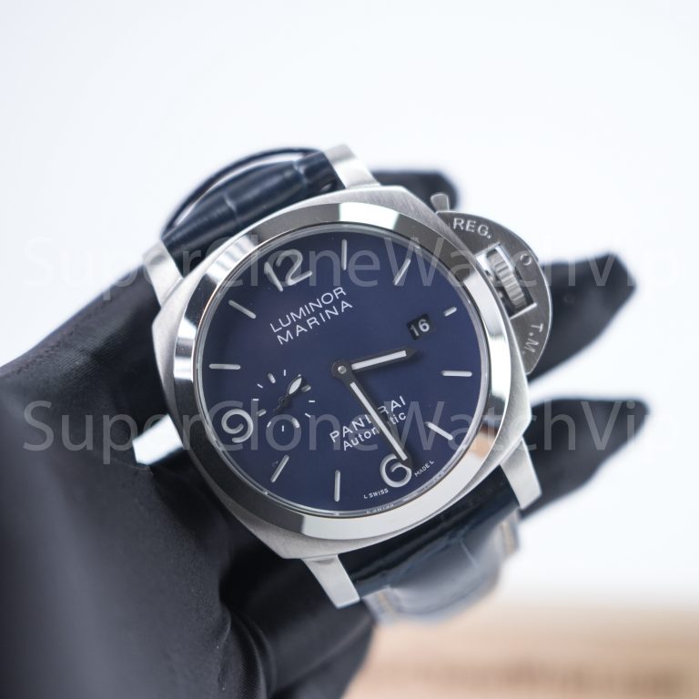 Panerai Luminor Marina PAM01313 Steel Blue Sunray Dial Polished Bezel Dark Blue Alligator Leather Strap 44mm Replica Watches - 3-248-scaled