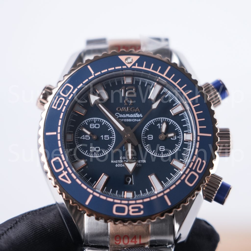Omega Seamaster Planet Ocean 600M Chronograph Two-Tone Rose Gold Blue Dial Blue Ceramic Bezel Two-Tone Bracelet 45.5mm Replica Watches - 4-187-scaled