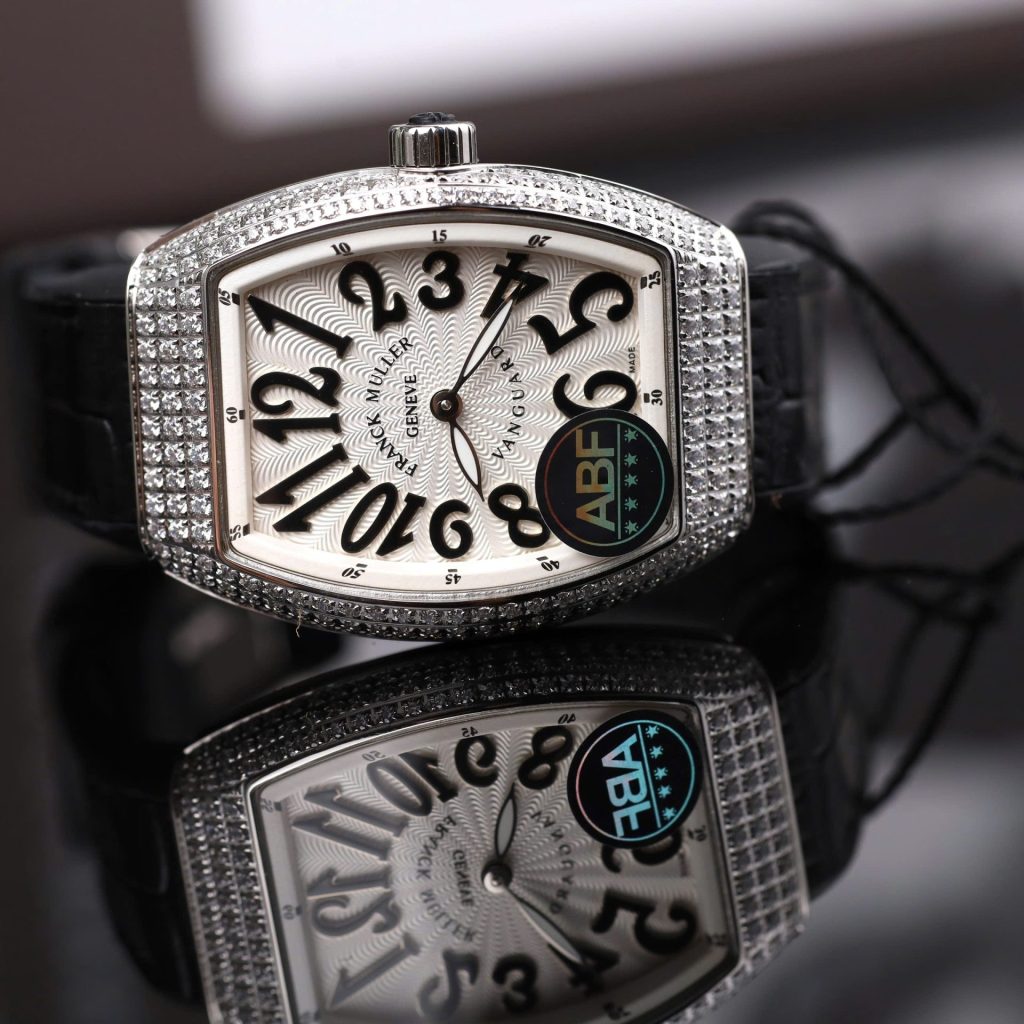 Franck Muller Vanguard V32 Steel Model Custom Diamond Bezel White Guilloché Dial Black Leather Strap 36mm Replica Watches - 4-197