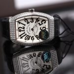 Franck Muller Vanguard V32 Steel Model Custom Diamond Bezel White Guilloché Dial Black Leather Strap 36mm Replica Watches - 4-197