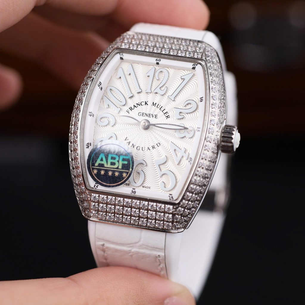 Franck Muller Vanguard V32 Steel Model Custom Diamond Bezel White Guilloché Dial White Leather Strap 36mm Replica Watches - 4-198