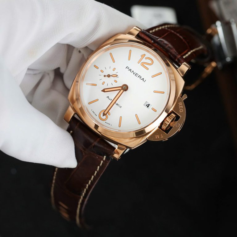 Panerai Luminor Due PAM01042 18K Rose Gold White Dial Smooth Bezel Brown Leather Strap 42mm Replica Watches - 4-201