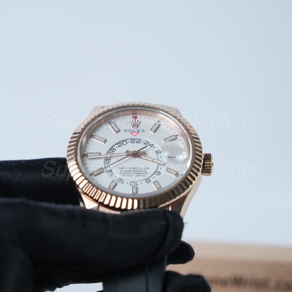 Rolex-Sky-Dweller-336235-White-Dial-Rose-Gold-Rubber-Strap-42mm Super Clone Watches Replica Watches - 4-260-scaled