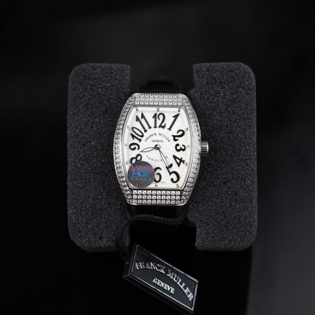 Franck Muller Vanguard V32 Steel Model Custom Diamond Bezel White Guilloché Dial Black Leather Strap 36mm Replica Watches - 5-199