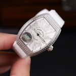 Franck Muller Vanguard V32 Steel Model Custom Diamond Bezel White Guilloché Dial White Leather Strap 36mm Replica Watches - 5-200