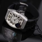 Franck Muller Vanguard V32 Steel Model Custom Diamond Bezel White Guilloché Dial Black Leather Strap 36mm Replica Watches - 6-201