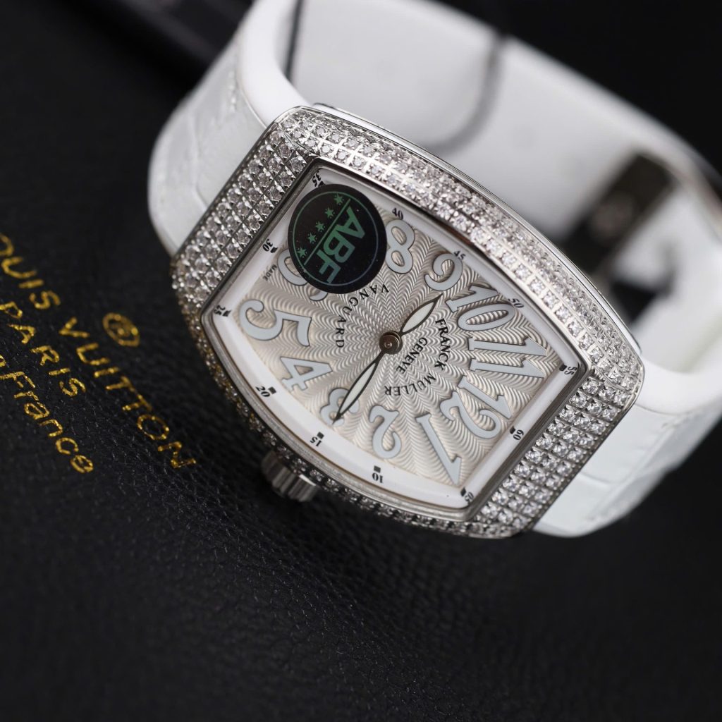 Franck Muller Vanguard V32 Steel Model Custom Diamond Bezel White Guilloché Dial White Leather Strap 36mm Replica Watches - 6-202