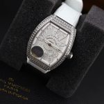 Franck Muller Vanguard V32 Steel Model Custom Diamond Bezel White Guilloché Dial White Leather Strap 36mm Replica Watches - 7-198