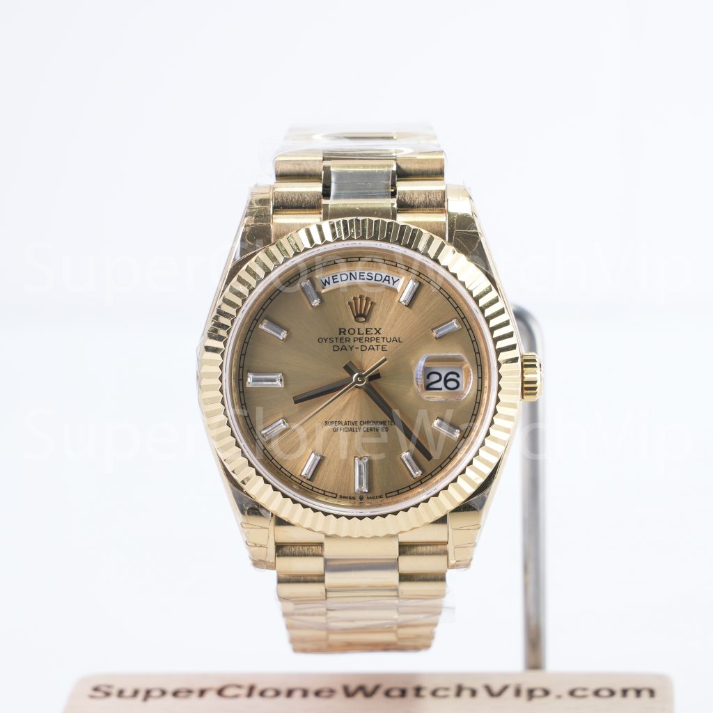 Rolex Day-Date 40 228238 18K Yellow Gold Champagne Sunray Dial Baguette Diamond Markers Fluted Bezel President Bracelet 40mm Replica Watches - 1-10-scaled