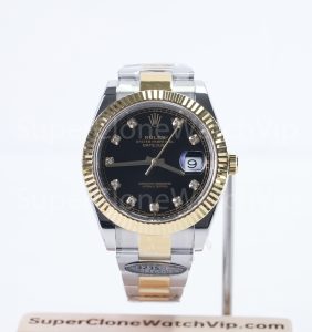 Rolex Datejust 41 126333 Two-Tone Yellow Gold Black Diamond Dial Fluted Bezel Oyster Bracelet 41mm Replica Watches - 1-12-scaled