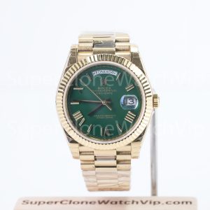 Rolex Day-Date 40 228238 18K Yellow Gold Green Dial Roman Numerals Fluted Bezel President Bracelet 40mm Replica Watches - 1-4-scaled