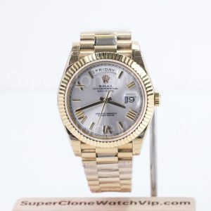 Rolex Day-Date 40 228238 18K Yellow Gold Silver Sunray Dial Roman Numerals Fluted Bezel President Bracelet 40mm Replica Watches - 1-5-scaled