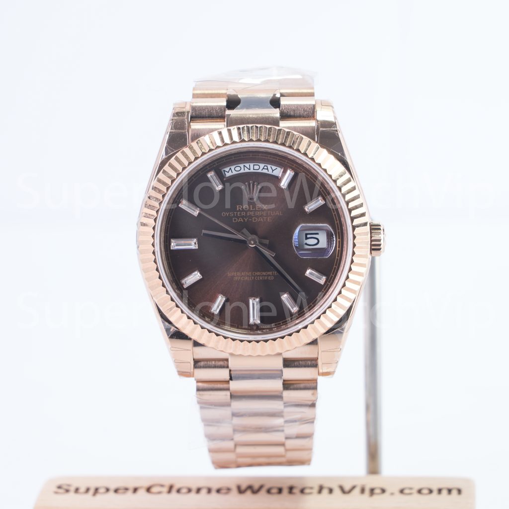 Rolex Day-Date 40 228235 18K Rose Gold Chocolate Sunray Dial Baguette Diamond Markers Fluted Bezel President Bracelet 40mm Replica Watches - 1-6-scaled