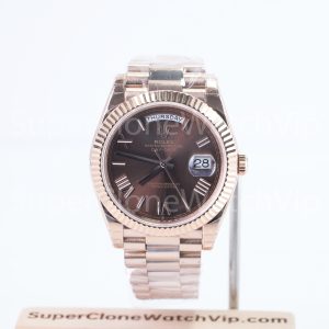 Rolex Day-Date 40 228235 18K Rose Gold Chocolate Sunray Dial Roman Numerals Fluted Bezel President Bracelet 40mm Replica Watches - 1-9-scaled