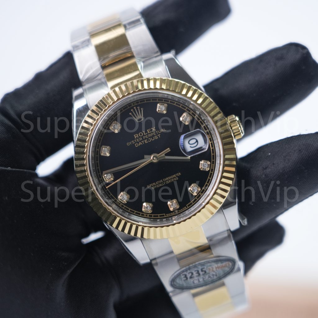 Rolex Datejust 41 126333 Two-Tone Yellow Gold Black Diamond Dial Fluted Bezel Oyster Bracelet 41mm Replica Watches - 2-12-scaled