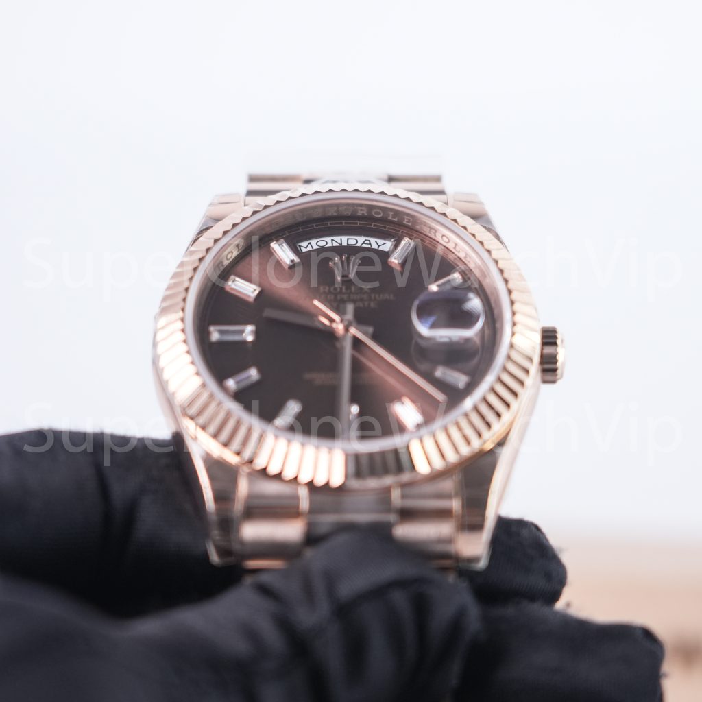 Rolex Day-Date 40 228235 18K Rose Gold Chocolate Sunray Dial Baguette Diamond Markers Fluted Bezel President Bracelet 40mm Replica Watches - 2-6-scaled