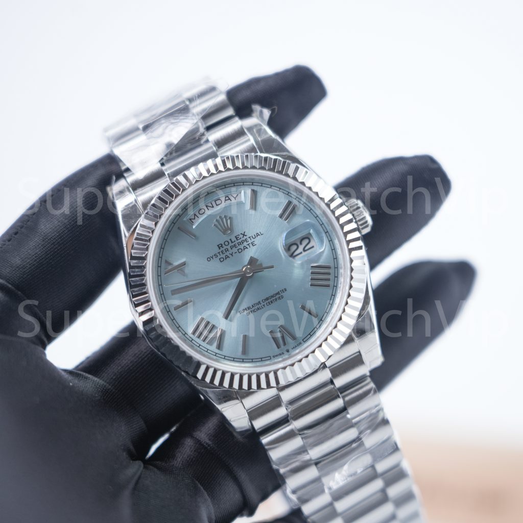 Rolex Day-Date 40 228236 904L Steel Ice Blue Sunray Dial Roman Numerals Fluted Bezel President Bracelet 40mm Replica Watches - 2-8-scaled